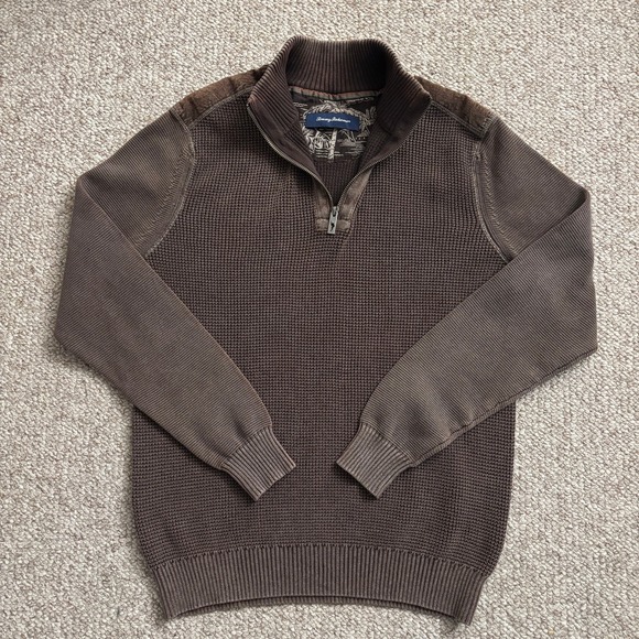Tommy Bahama Other - Tommy Bahama Mens Brown Waffle Knit Quarter Zip Sweater Suede Shoulders Large